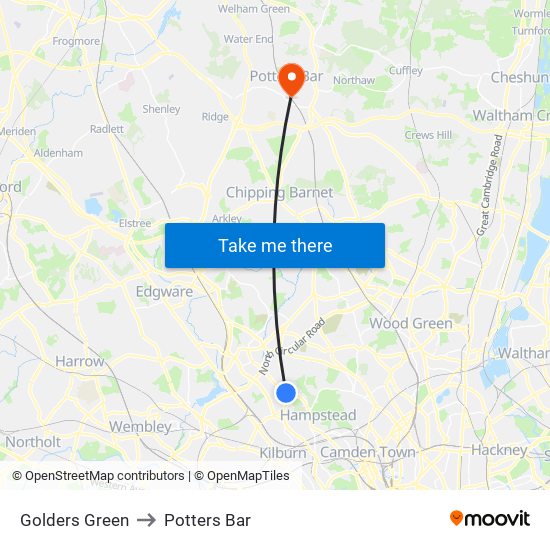 Golders Green to Potters Bar map