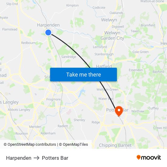 Harpenden to Potters Bar map