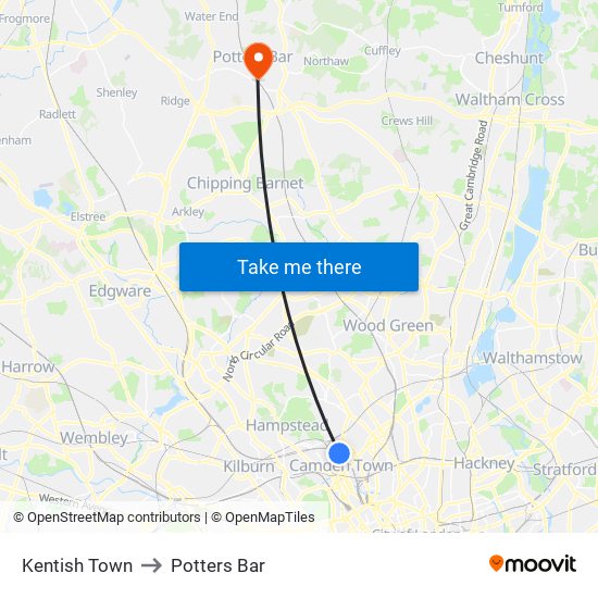 Kentish Town to Potters Bar map