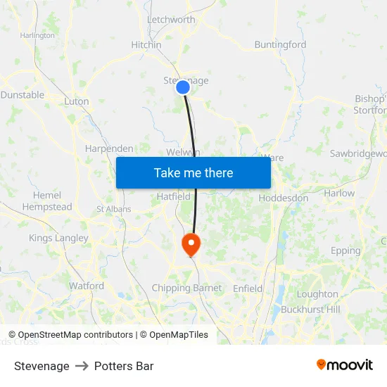 Stevenage to Potters Bar map