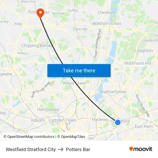 Westfield Stratford City to Potters Bar map