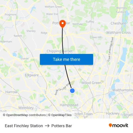 East Finchley Station to Potters Bar map