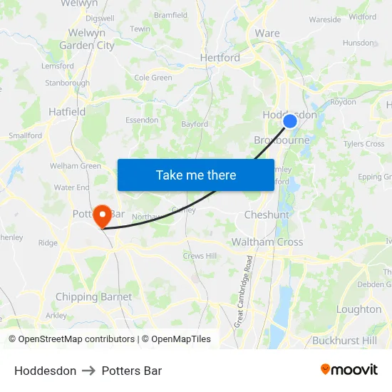 Hoddesdon to Potters Bar map