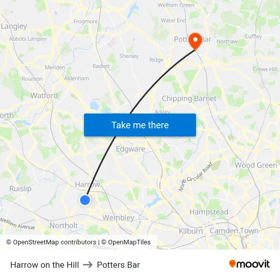 Harrow on the Hill to Potters Bar map