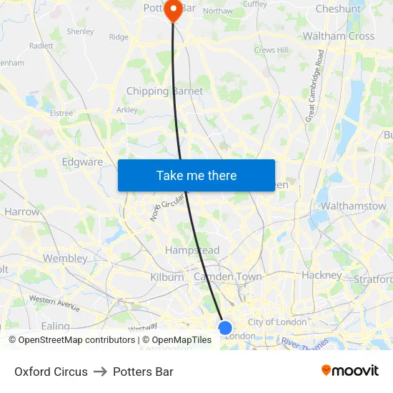 Oxford Circus to Potters Bar map