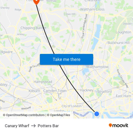 Canary Wharf to Potters Bar map