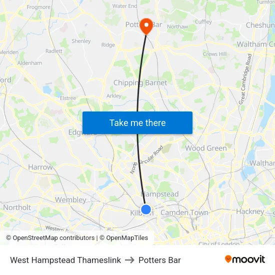 West Hampstead Thameslink to Potters Bar map