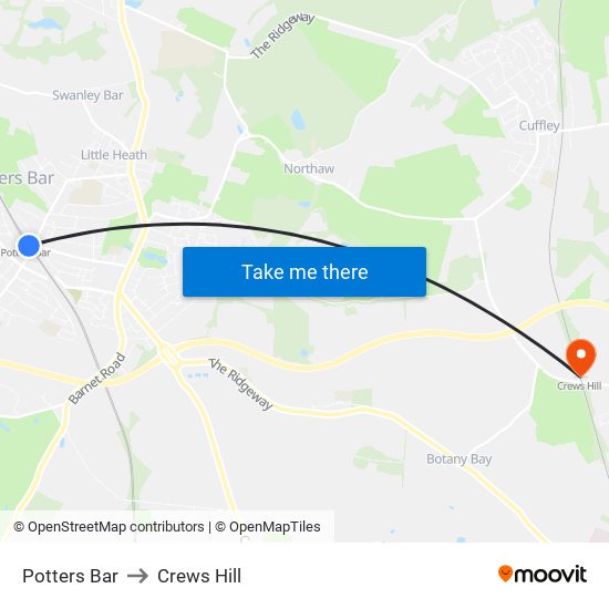 Potters Bar to Crews Hill map