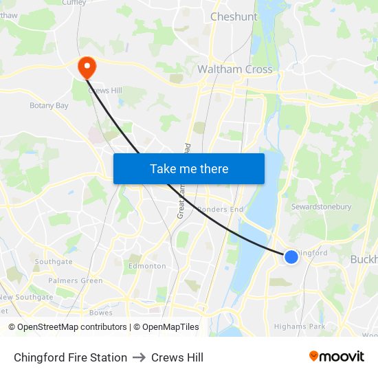 Chingford Fire Station to Crews Hill map