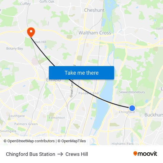 Chingford Bus Station to Crews Hill map