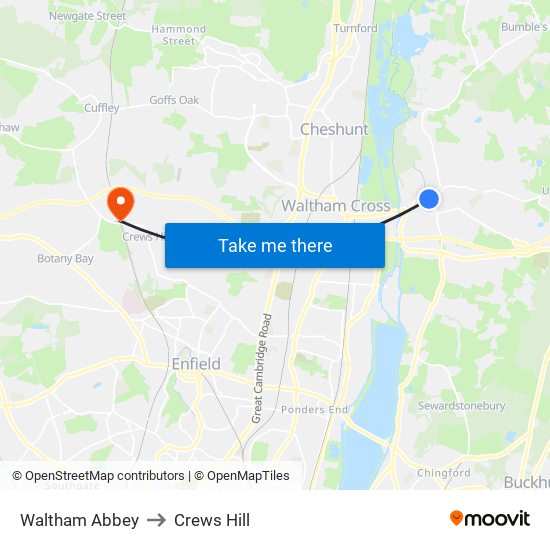 Waltham Abbey to Crews Hill map