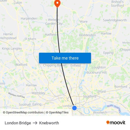 London Bridge to Knebworth map