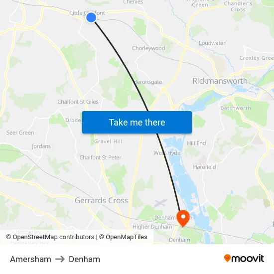 Amersham to Denham map