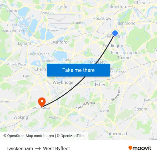 Twickenham to West Byfleet map