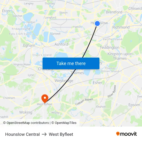 Hounslow Central to West Byfleet map