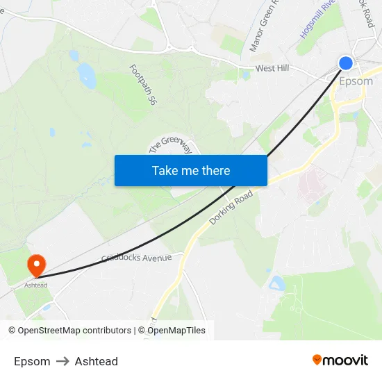 Epsom to Ashtead map