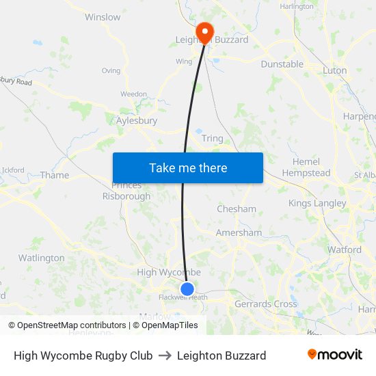 High Wycombe Rugby Club to Leighton Buzzard map