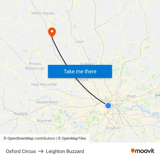 Oxford Circus to Leighton Buzzard map
