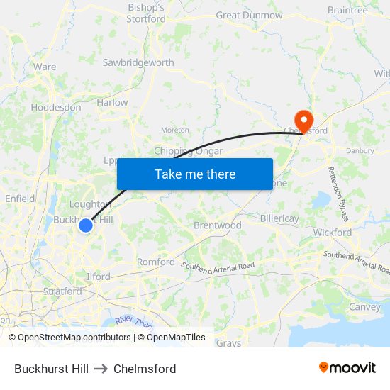 Buckhurst Hill to Chelmsford map