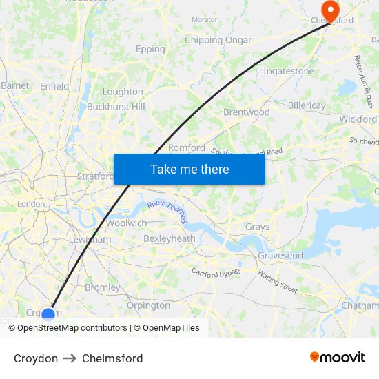 Croydon to Chelmsford map