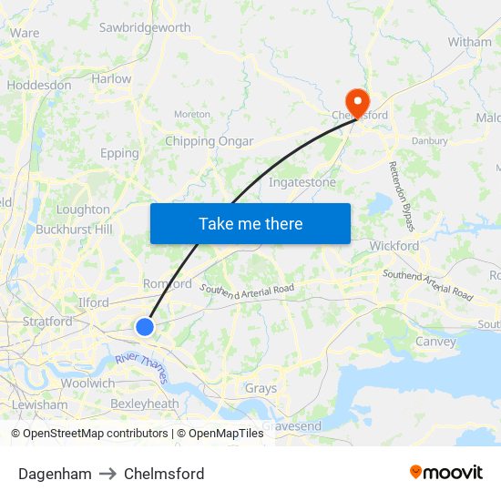 Dagenham to Chelmsford map