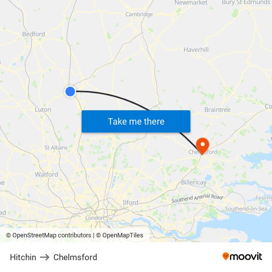 Hitchin to Chelmsford map