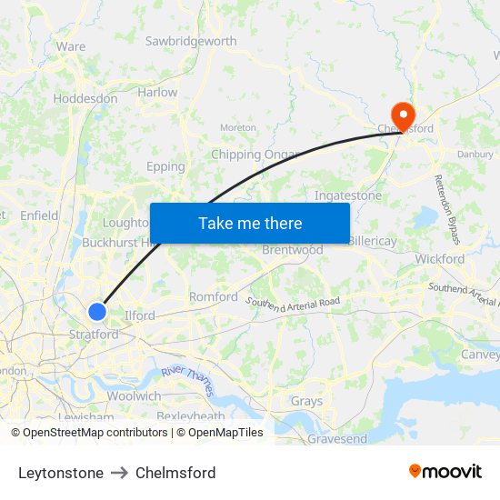 Leytonstone to Chelmsford map