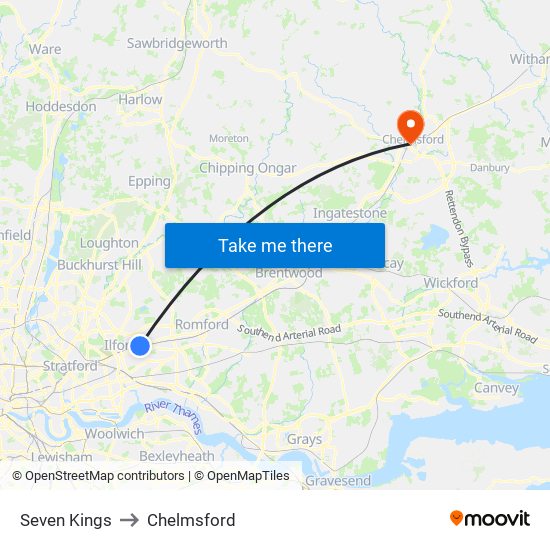 Seven Kings to Chelmsford map