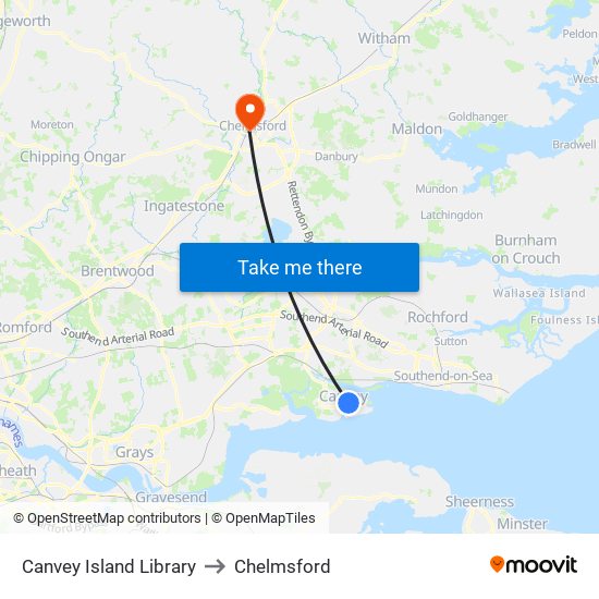 Canvey Island Library to Chelmsford map