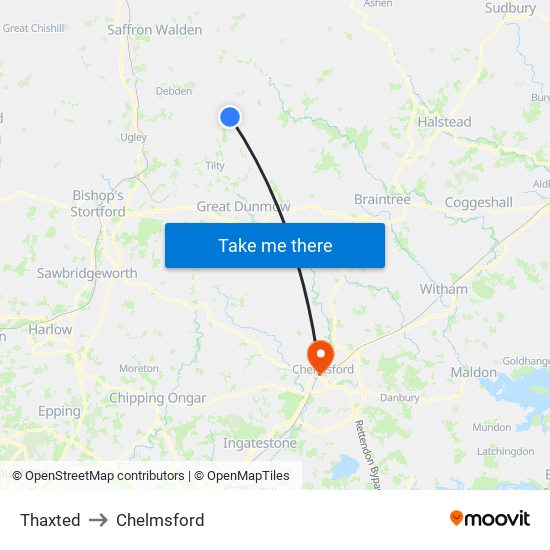 Thaxted to Chelmsford map