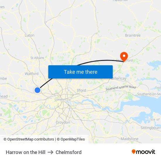 Harrow on the Hill to Chelmsford map