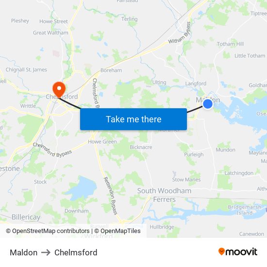 Maldon to Chelmsford map