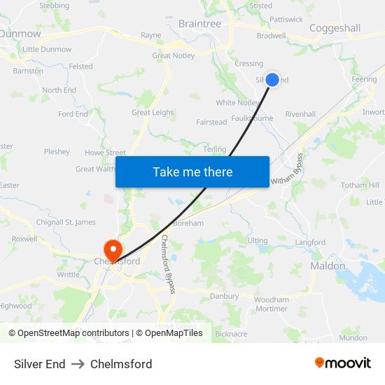Silver End to Chelmsford map