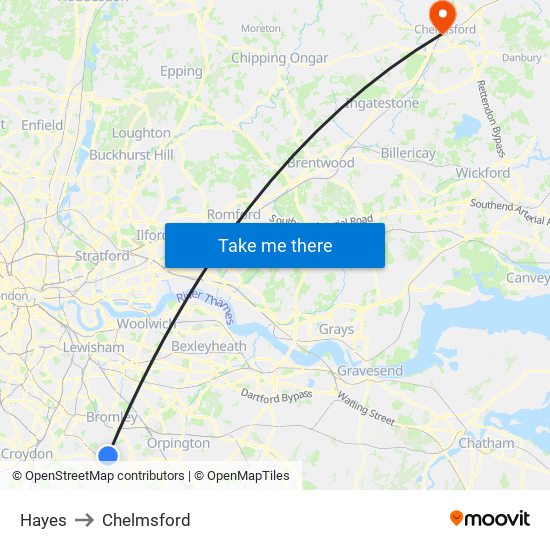 Hayes to Chelmsford map