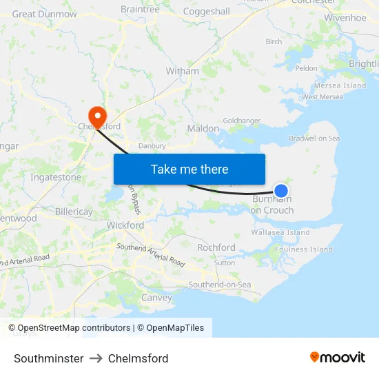 Southminster to Chelmsford map