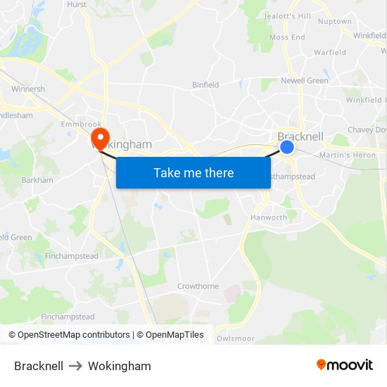 Bracknell to Wokingham map