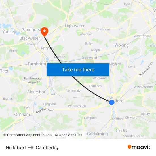 Guildford to Camberley map