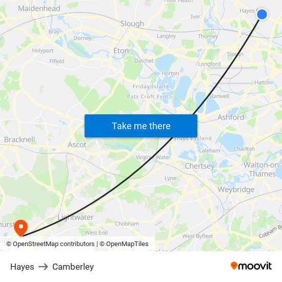 Hayes to Camberley map