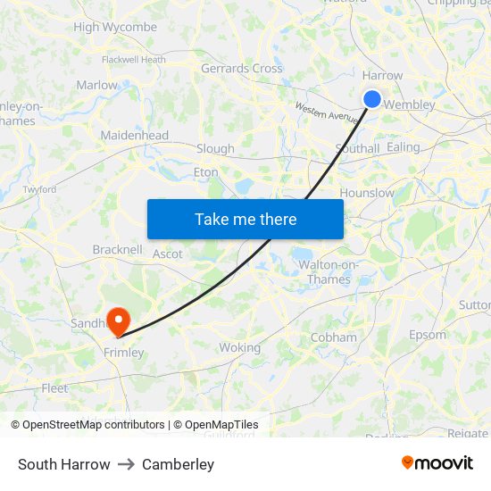 South Harrow to Camberley map