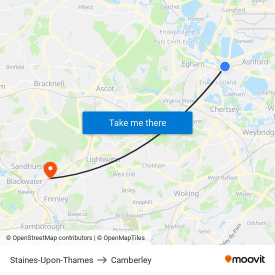 Staines-Upon-Thames to Camberley map