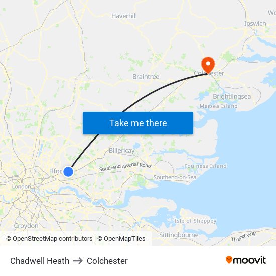 Chadwell Heath to Colchester map