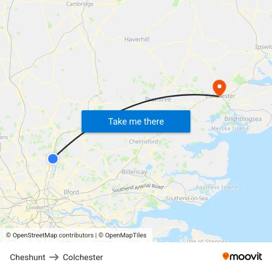 Cheshunt to Colchester map