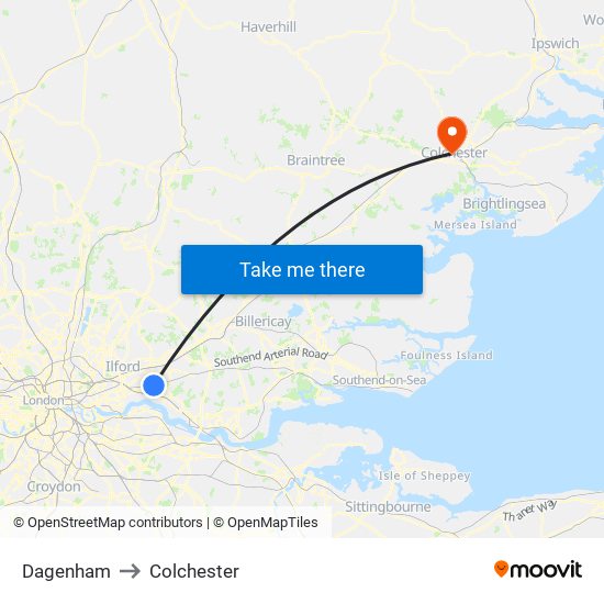 Dagenham to Colchester map