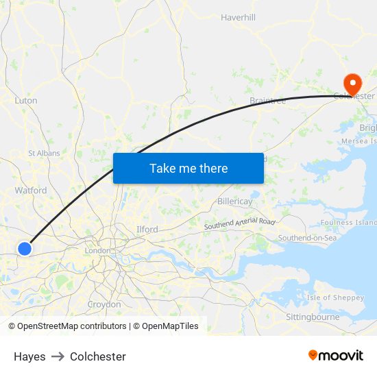Hayes to Colchester map