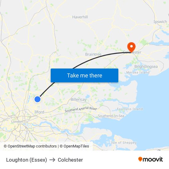 Loughton (Essex) to Colchester map