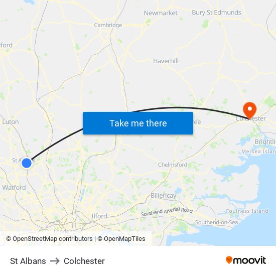 St Albans to Colchester map