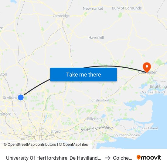 University Of Hertfordshire, De Havilland Campus to Colchester map