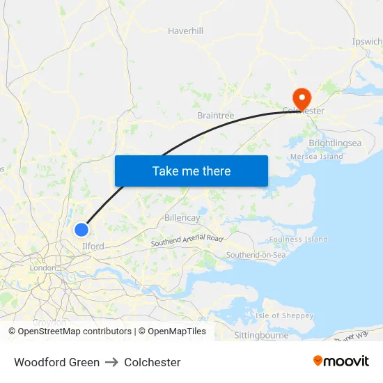 Woodford Green to Colchester map