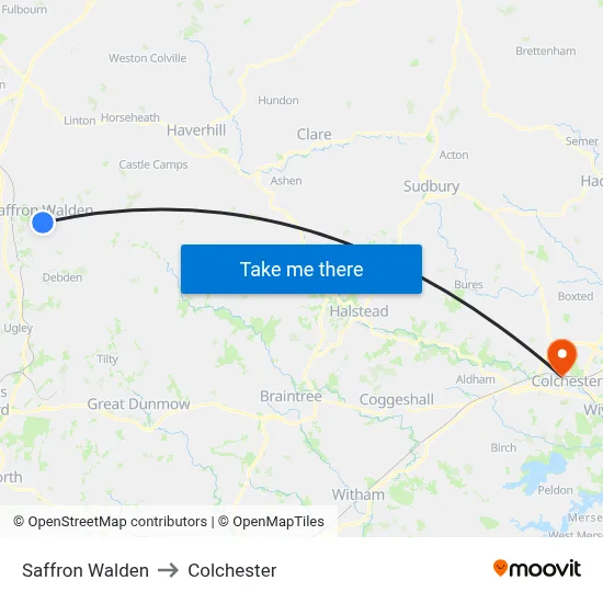 Saffron Walden to Colchester map