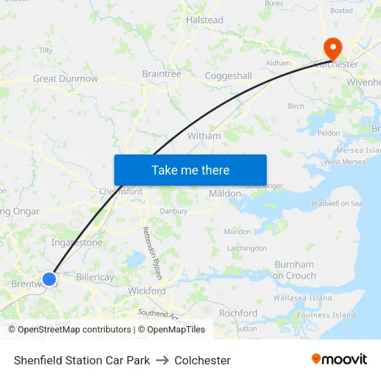 Shenfield Station Car Park to Colchester map